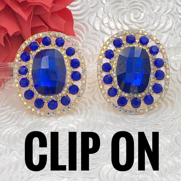 Large Royal Blue Rhinestone Formal Statement Clip On Earrings - Picture 1 of 4